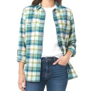 Duluth Trading Organic Cotton Plaid Shirt Womens Size L Cabincore Grunge Outdoor